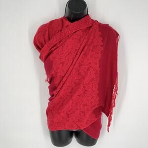 Pashmina Red Fringe Accent Silk Blend Scarf Shawl Throw Floral Lacy Pattern